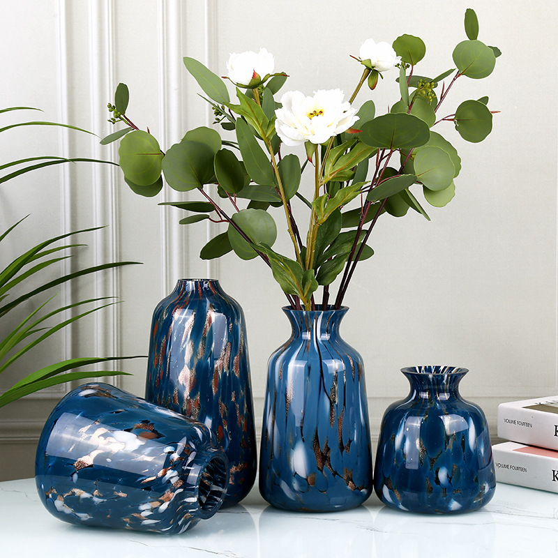 地中海蓝色玻璃花瓶摆件时尚ins插花餐桌面装饰品 桌面装饰小花瓶图