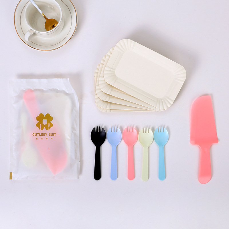 Customized colored birthday cake knife and fork plates, disposable knife and fork water drop plates, tableware, baking and pastry sets wholesale Specification drawing