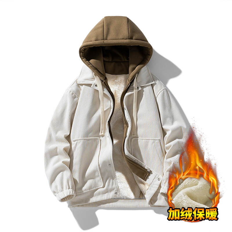 Corduroy baseball jacket for men, loose, fleece and thickened casual lapel jacket for autumn and winter Item Picture