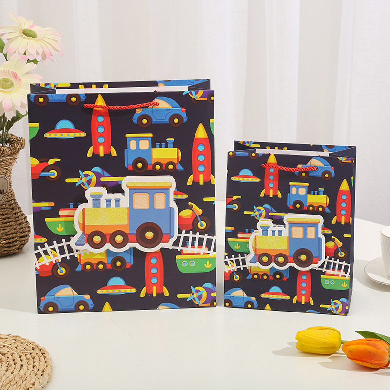 卡通汽车男孩3D贴片撒粉礼品袋手提袋烫金撒粉纸袋生日回礼伴手礼