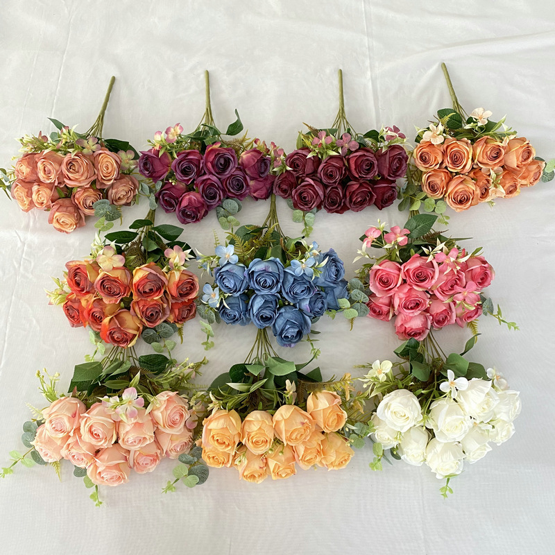 Coated fabric 11-pronged Milan rose wedding bride's hand-held bouquet Nordic ins home decoration simulation rose