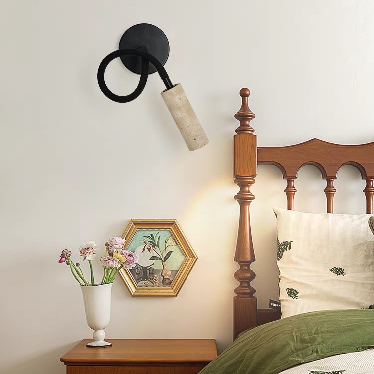 A yellow cave stone solid wood bedroom headboard wall lamp with a switch and rotatable wall lamp, designed by a Nordic retro homestay headboard full figure
