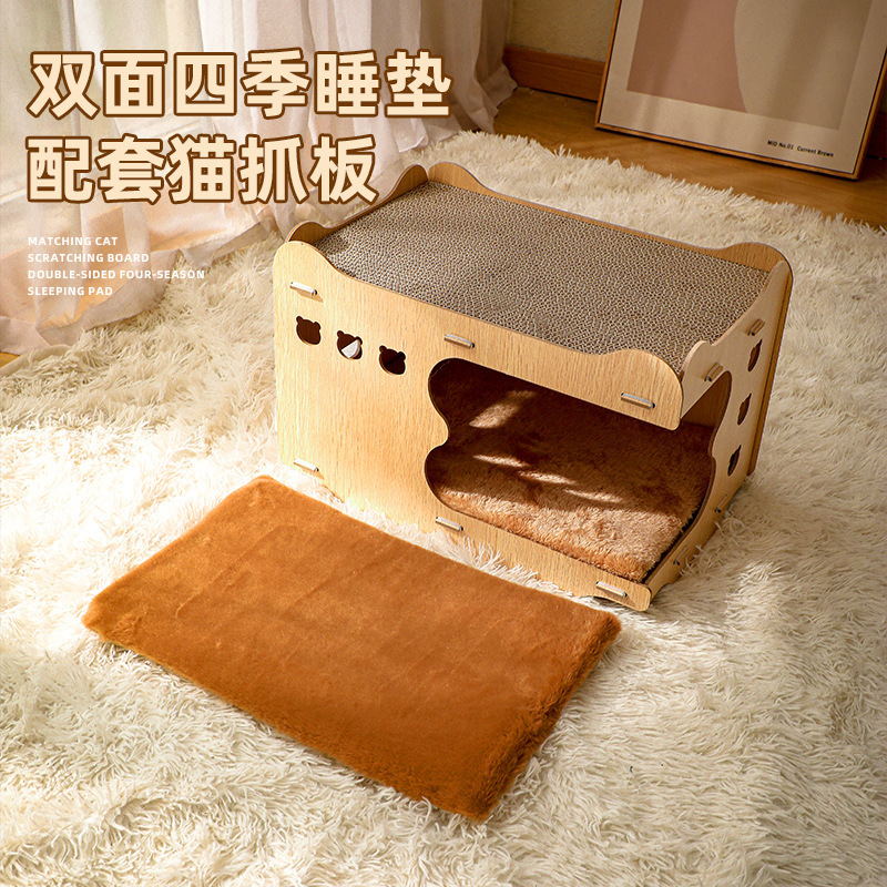 Wooden cat house, cat bed, cat scratch board, one-piece vertical double-layer stackable corrugated paper, scratch-resistant and detachable cat toy Application Scenario