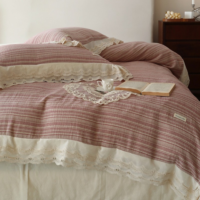 Double-layer yarn four-piece set, all-cotton colored woven texture jacquard pure cotton retro gauze quilt cover and bed sheet details Picture