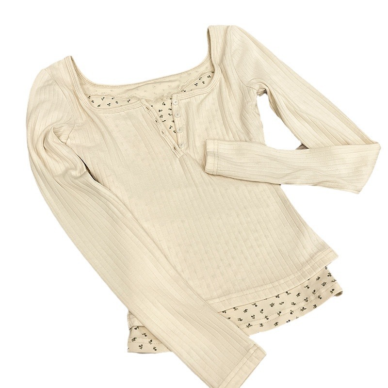 Lace lace long-sleeved base layer women's fashion 2024 autumn/winter design sense low-neck collarbone fake two floral top Item Picture
