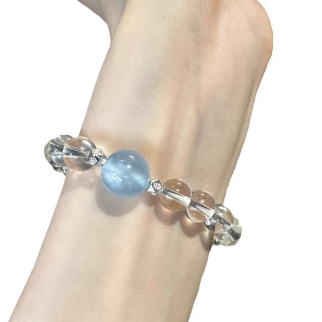 Natural white crystal round bead 12mm single-loop bracelet paired with aquamarine single-bead bracelet for women's accessories is fresh and fashionable Item Picture