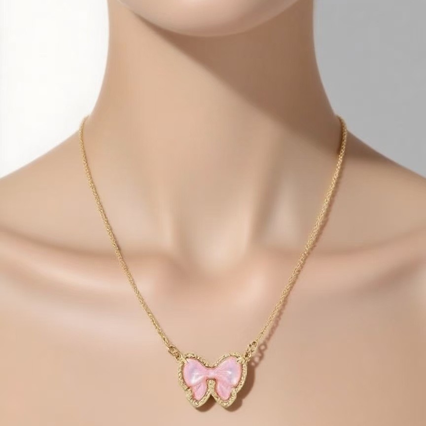 亚马逊新品黄铜镶珍珠母贝蝴蝶结吊坠o字链时尚简约气质项链饰品