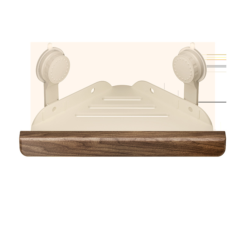 Suction cup bathroom triangular storage rack, Merade style walnut wood bathroom toilet corner body wash storage rack Item Picture
