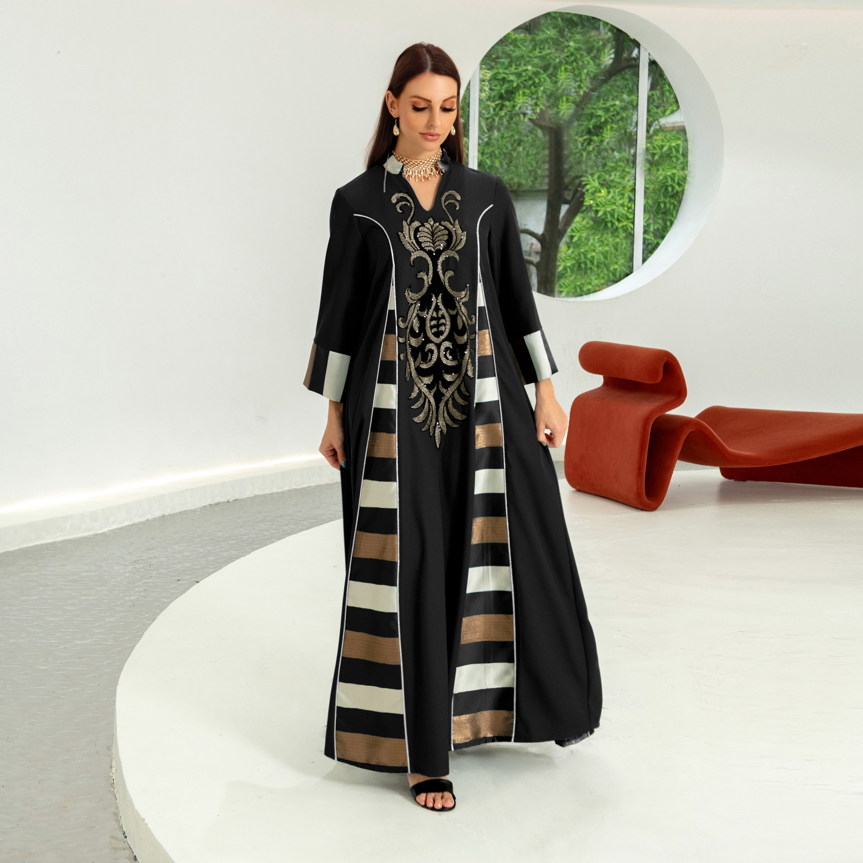 AB052跨境外贸中东女装绣花条纹abaya穆斯林阿拉伯迪拜muslim长袍详情图3