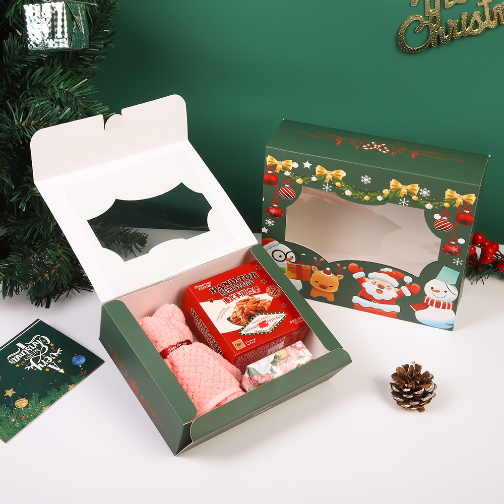 Large PVC windowed Christmas gift box, Christmas Eve apple gingerbread man biscuit baking white cardboard packaging box Specification drawing