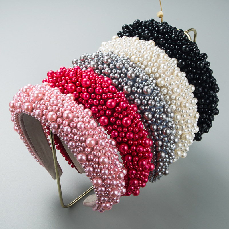heming headband cross-border wholesale baroque sponge pearl hair accessories female hand nailed beads multi-color european and american wide edge headband
