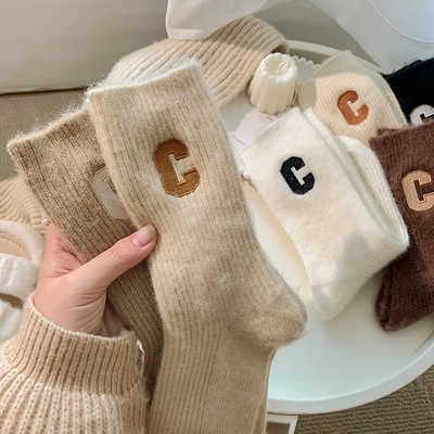 Big C Letter Socks For Women Autumn-Winter Mid-Tube Korean Ins Cashmere Thickened Warm Pile Pile Stockings For Women Wool Stockings