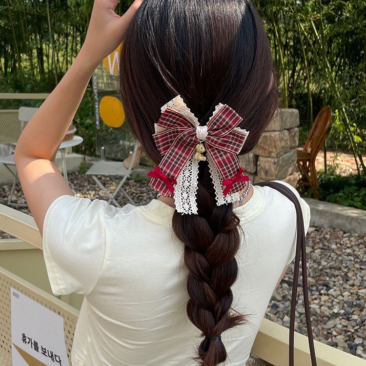 Red Plaid Bow Hairpin Brooch Double Lace Bear Japanese Cute Soft Sister Lolita Hairpin Headdress Application Scenario