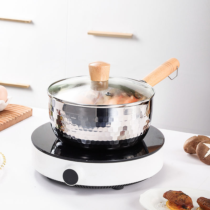 304 stainless steel snow flat pot, uncoated milk pot, side food deep fryer, thickened instant noodle pot, Japanese wooden handle soup milk pot Specification image