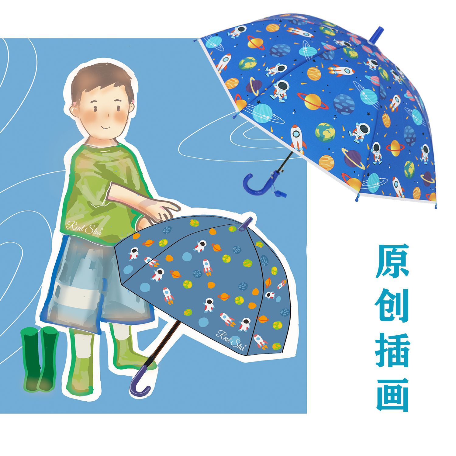 New children's cartoon pattern automatic umbrella, plastic umbrella, dinosaur space pattern, primary school student button opening umbrella wholesale Specification image