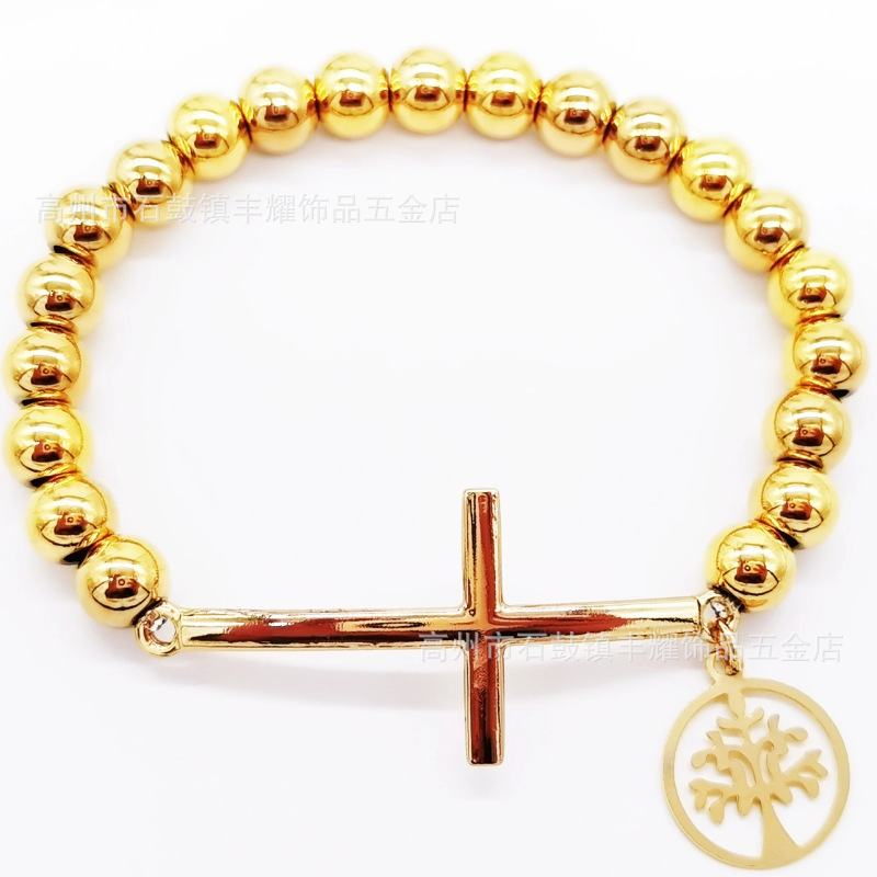 跨境热卖8mm不锈钢串珠加十字架弯牌手链圆珠手链diy弹力绳手链详情22