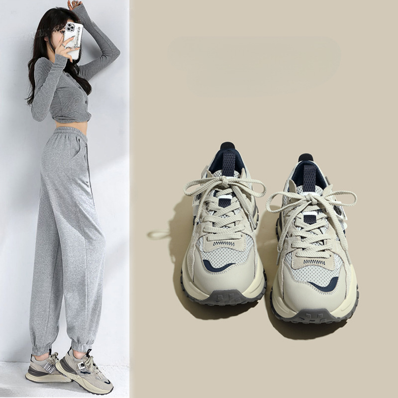 复古灰老爹鞋女2025新款春秋季休闲女鞋网面跑步运动鞋厚底阿甘鞋