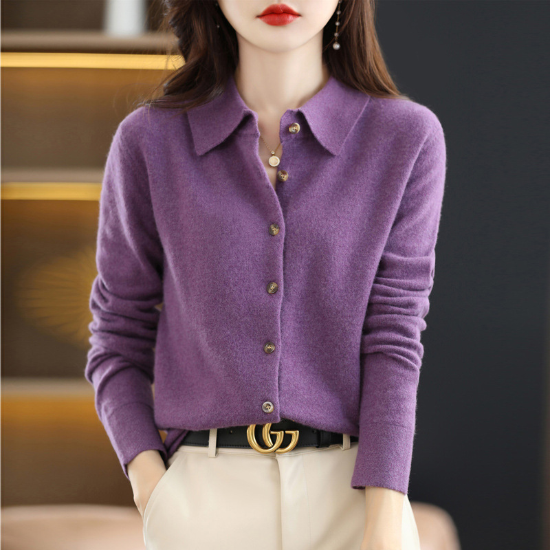 Autumn and winter POLO collar shirt for women, paired with loose long-sleeved sweater and non-cashmere lapel knitted cardigan jacket Specification image