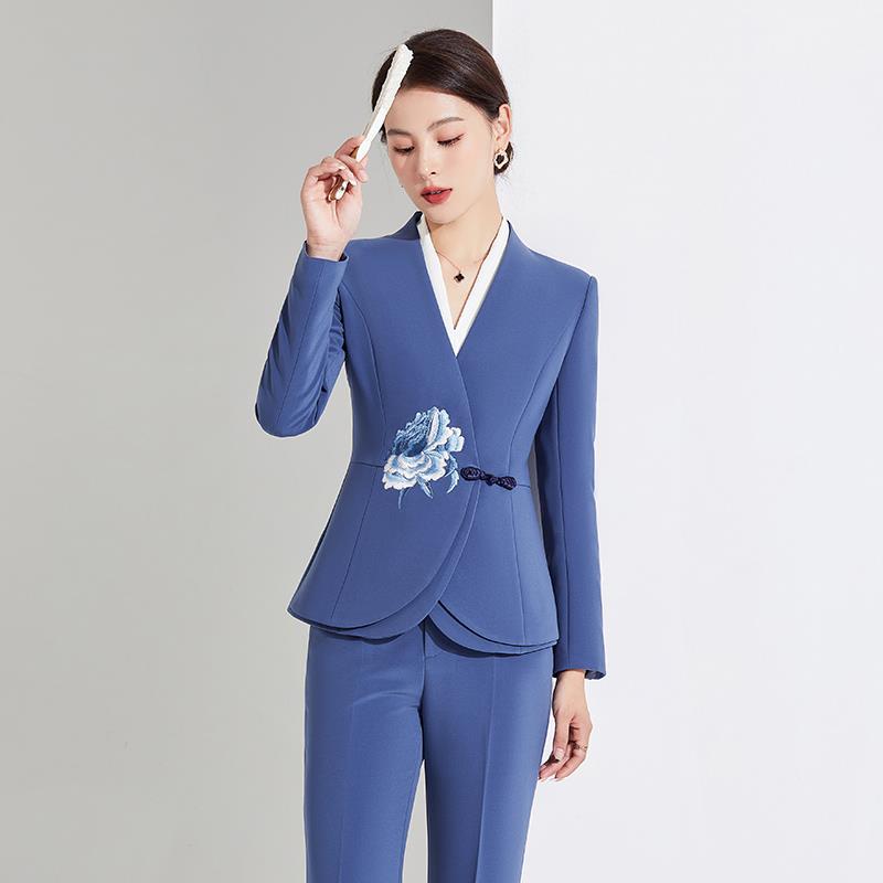 西装女2022秋新款复古国风刺绣花感职业正装两件套工作服图