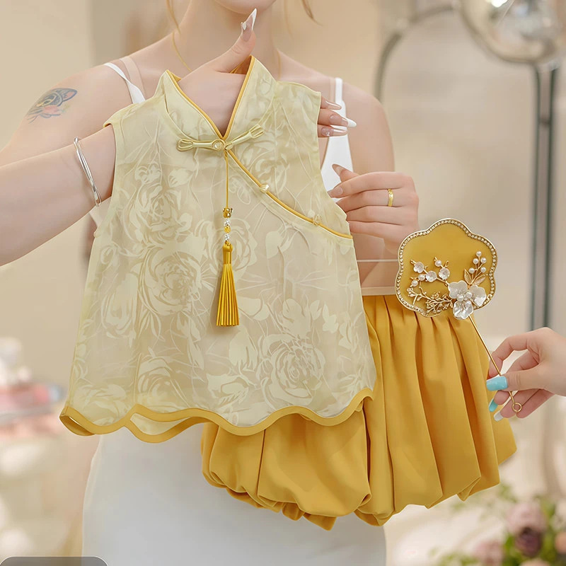 National Trend - New Summer Chinese-style Set for Girls, Super Beautiful New Chinese-style summer Dress for Children, Two-piece Hanfu set Item Picture
