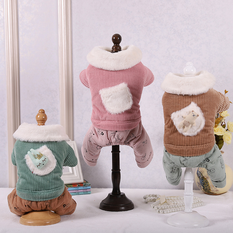 Fashionable and beautiful pet cotton-padded clothes for autumn and winter, corduroy warm dog four-legged coat, thick and comfortable cat coat