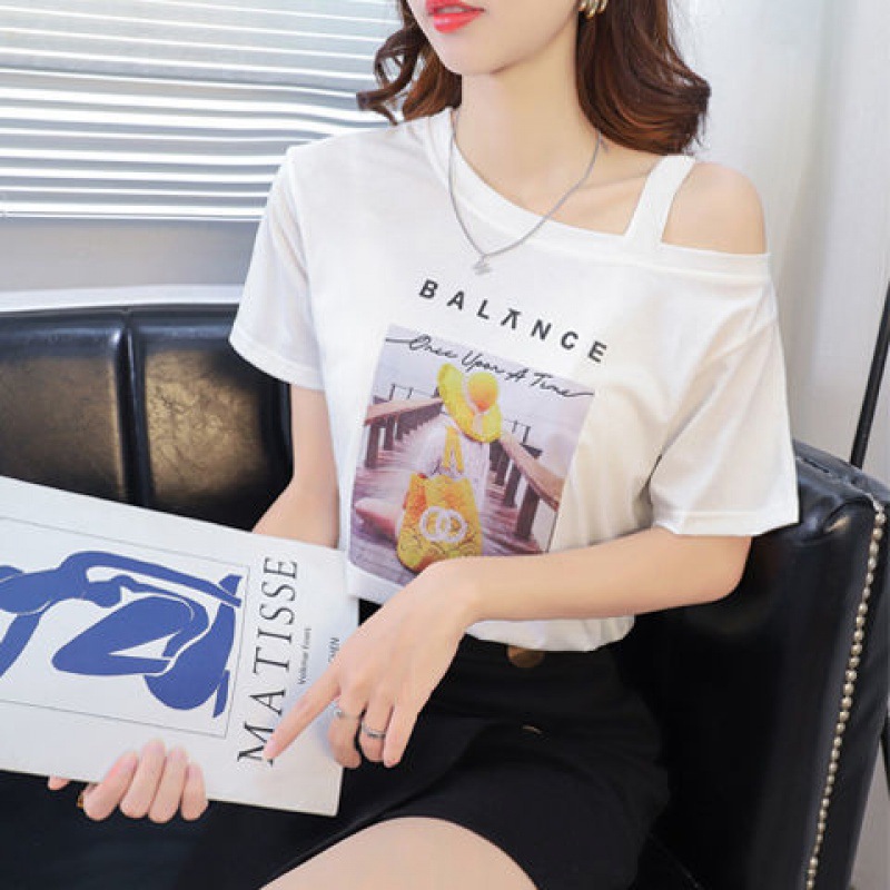 Off hombro mujer camiseta de manga corta de algodón mujer verano 2021 nuevo estilo holgado coreano mujer versátil estampado tendencia details Picture