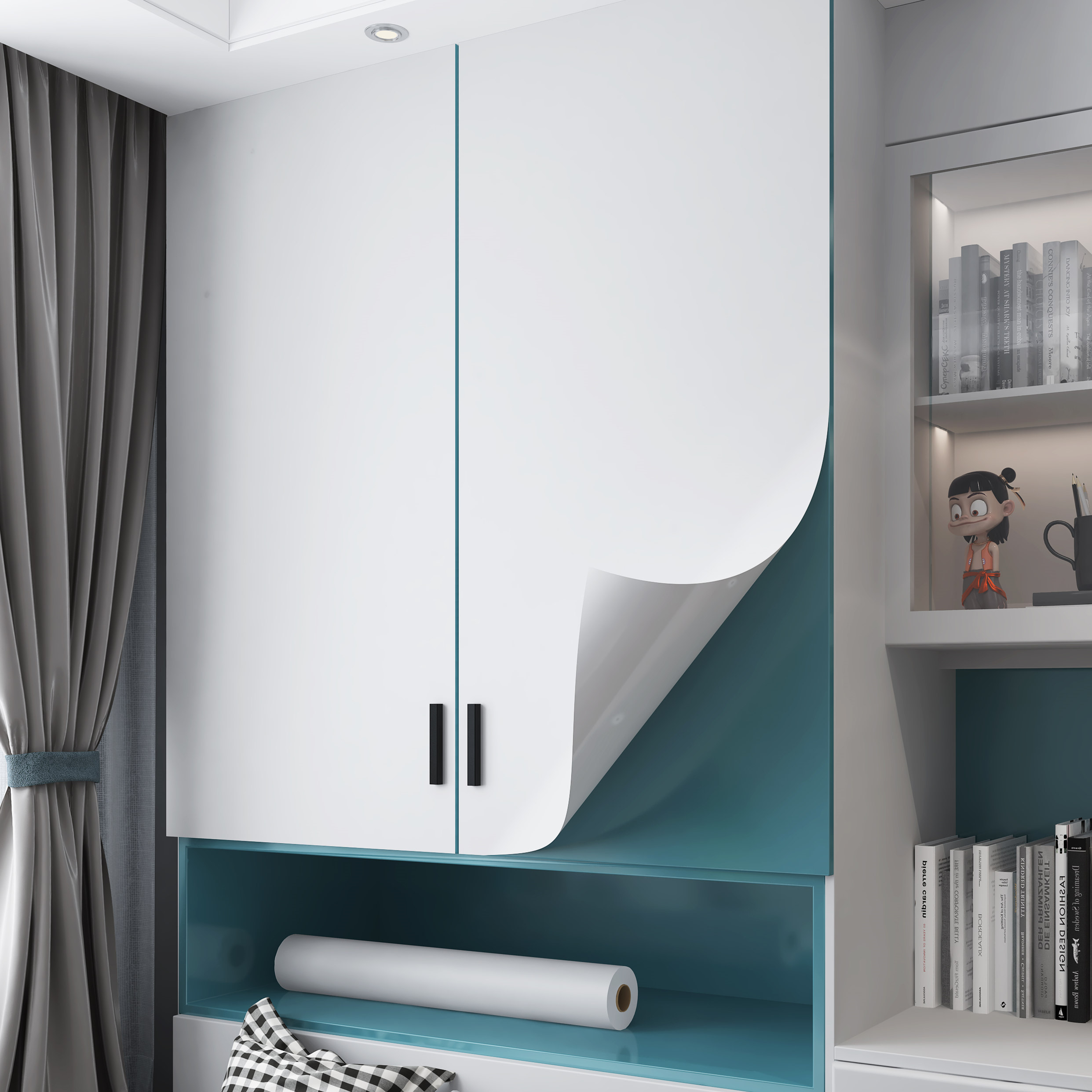 The interior stickers of the old Nordic furniture on the wardrobe doors have been changed in color and decorated, and the wallpaper has been transformed details Picture