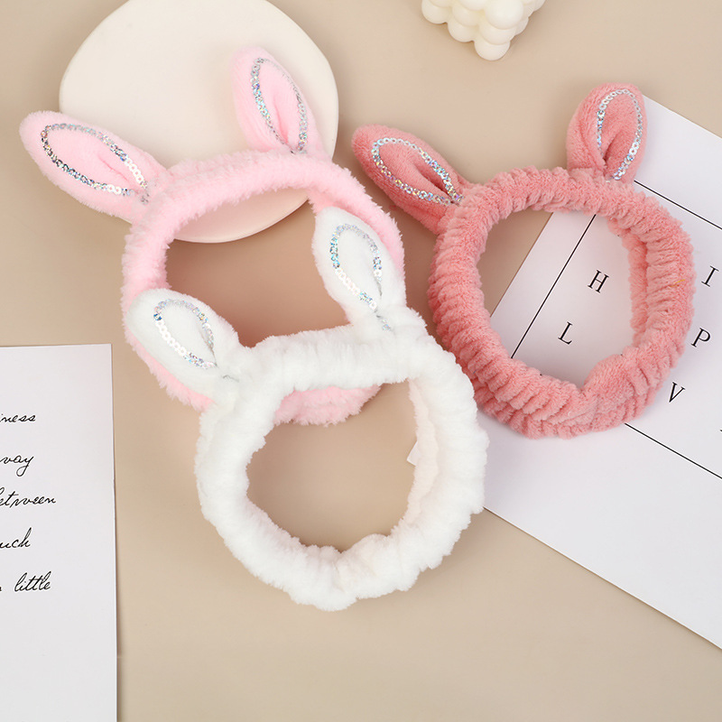 Japan And South Korea Sweet And Cute Glitter Rabbit Ears Design Plush Headband Net Red Girl Heart Face Makeup Headband