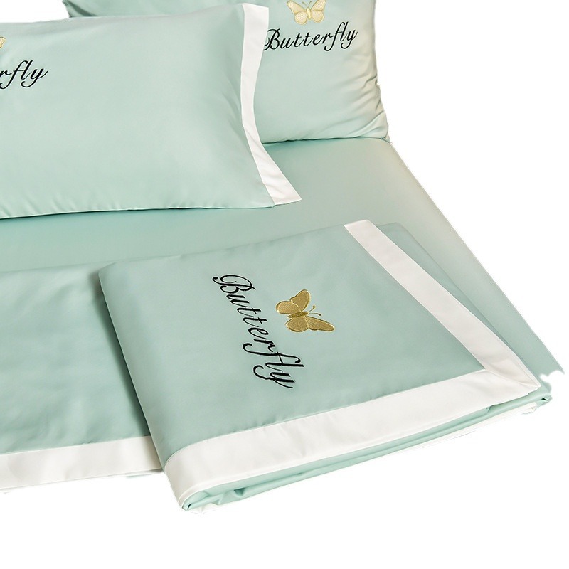 Silk Summer Cool By Four-Piece Embroidery Wash Tencel Embroidered Quilt Single Air-Conditioned Quilt Pillowcase Bed Sheet Set Item Picture