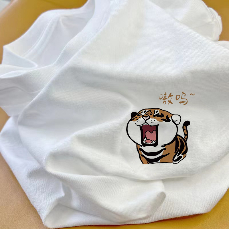 White pure cotton short-sleeved T-shirt for men's 2024 new summer, loose off-the-shoulder printed half-sleeved shirt with inner layer