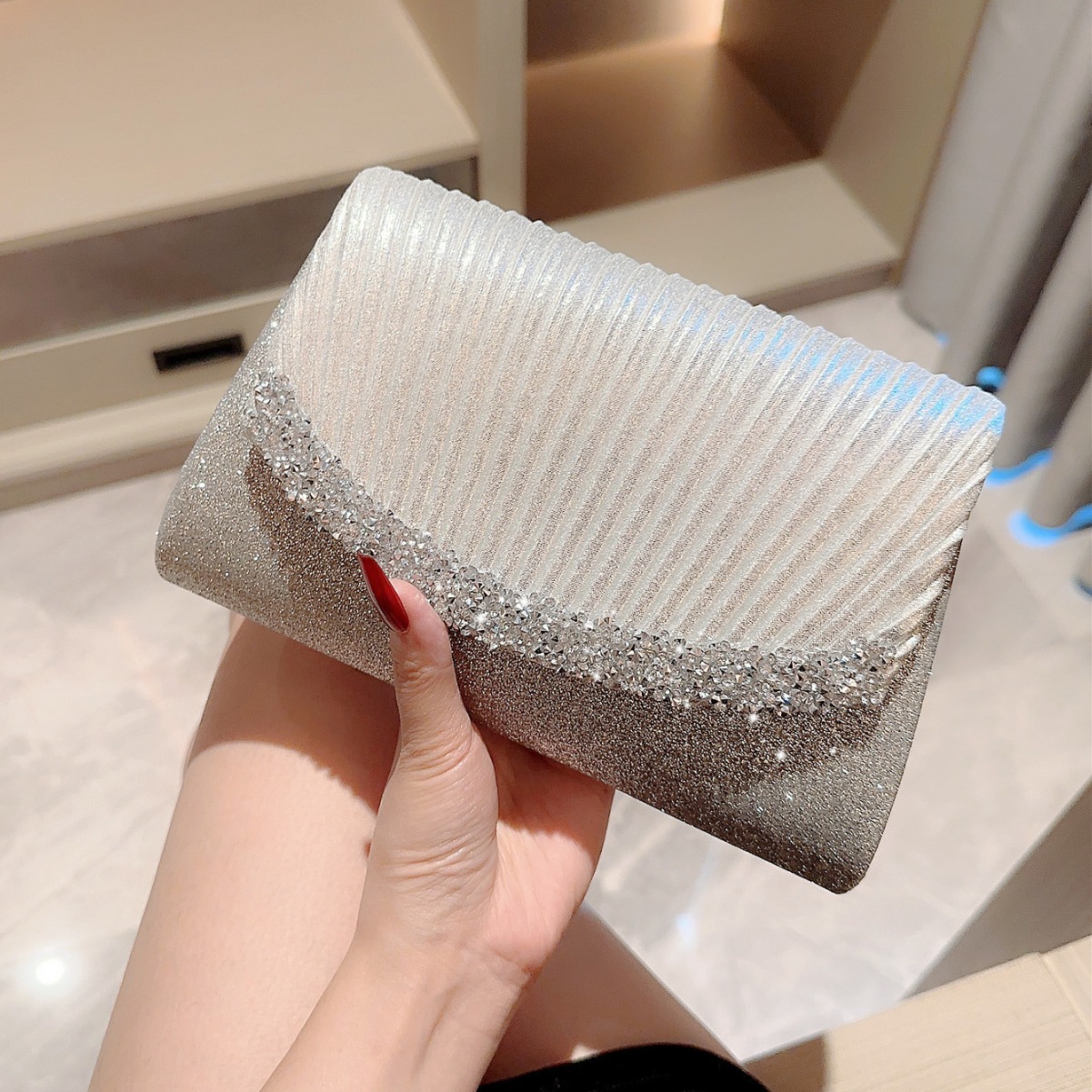 Glitter Dinner Bag Silver Pleated Diamond Premium Touch Clutch Bag With Dress Bag Celebrity Bag Crossbody Chain Bag Specification drawing