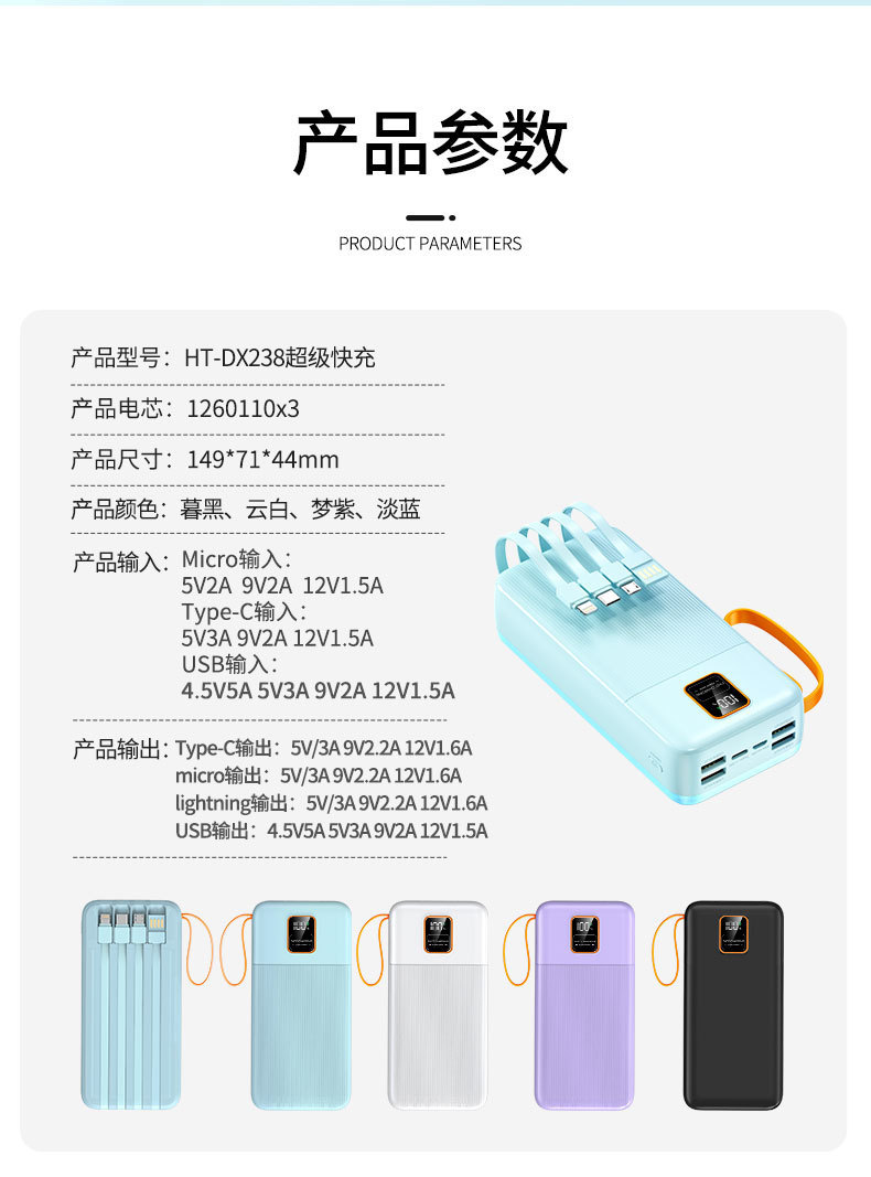 跨境新款120W超级快充大容量20000毫安自带线移动电源批发数码电脑手机配件详情16