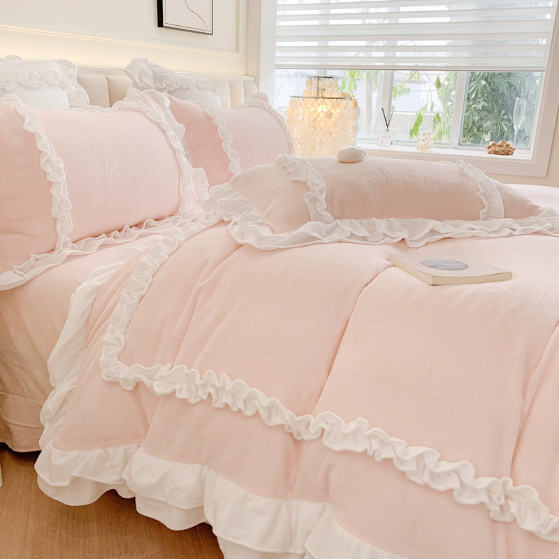 Four-Piece Winter Flannel Duvet Set Bed Sheet Headwear Double Sided Fleece Korean Princess Lolita Milk Fleece Bed details Picture