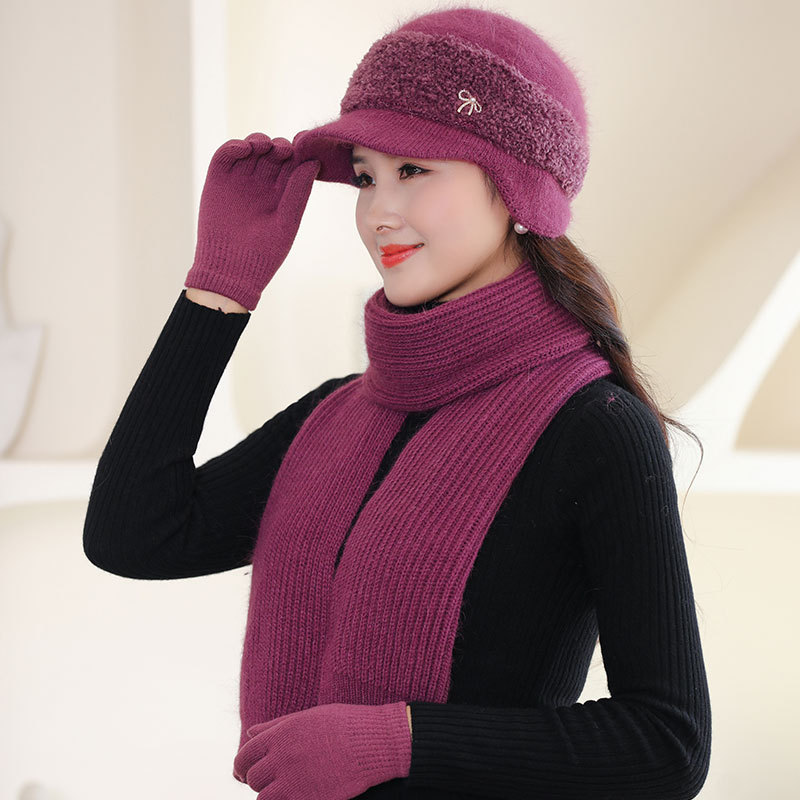 Fashion Rabbit Hair Duck Tongue Knitted Hat Lady Mother Plus Fleece Warm Ear Protection Woolen Hat Elderly Grandma Hat