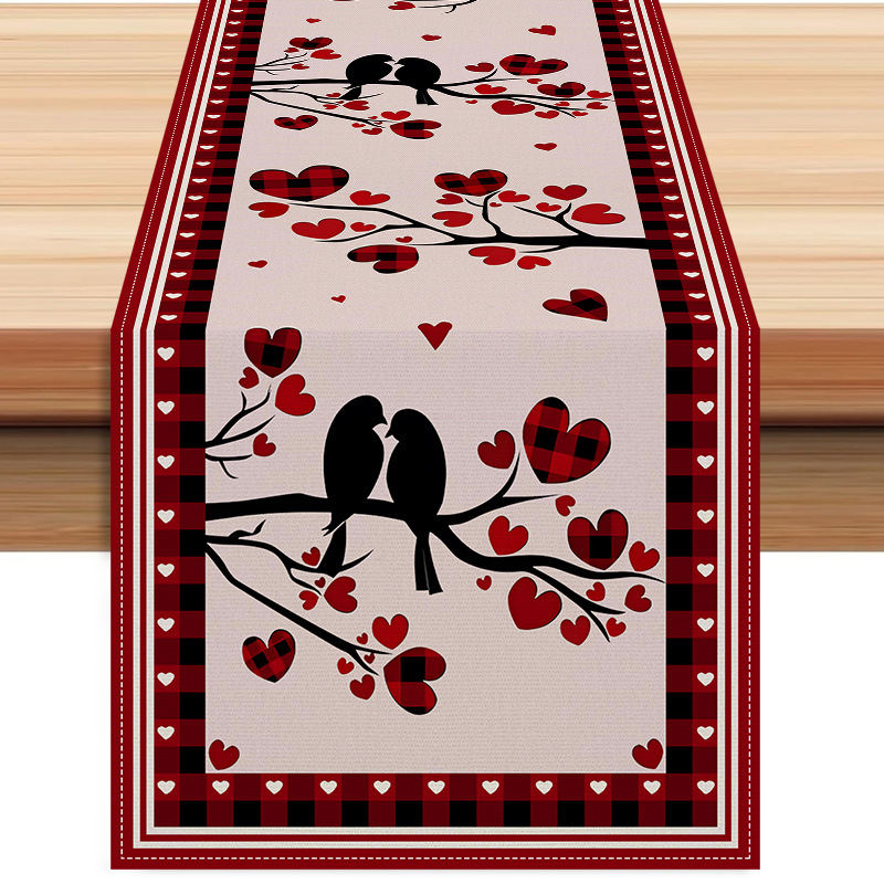 New Valentine's Day magpie table flag flax red heart-shaped printed tablecloth for home living room dining table decoration