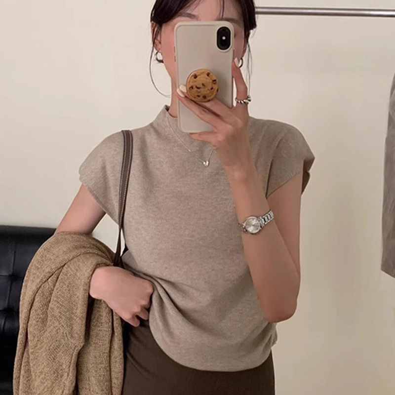 法式半高领短袖t恤女装春季正肩修身套头打底针织衫短款掐腰上衣