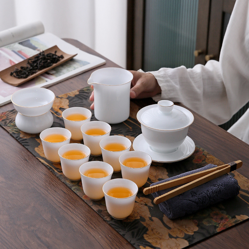 High-end ice-type jade porcelain Gongfu tea set, household covered bowl, company reception souvenir, business gift set details Picture