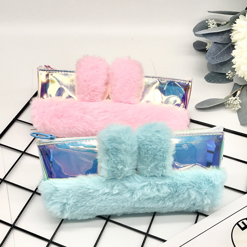 热卖纯色毛绒PVC拼接兔子造型笔袋 学生铅笔盒镭射毛绒兔耳笔袋