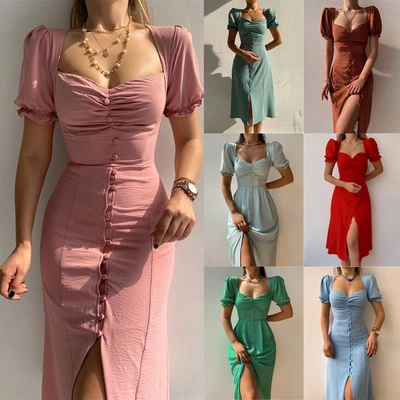 2025 Europe and the United States cross-border spring and summer new V-neck single-breasted temperament in the long dress 22123 thumbnail