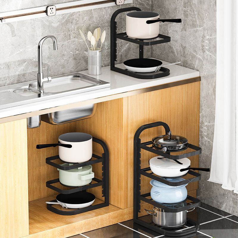 The pot rack is specially designed for storing cookware. It is a stainless steel shelf in the kitchen, with a sink under the rack and multiple layers inside the household cabinet details Picture