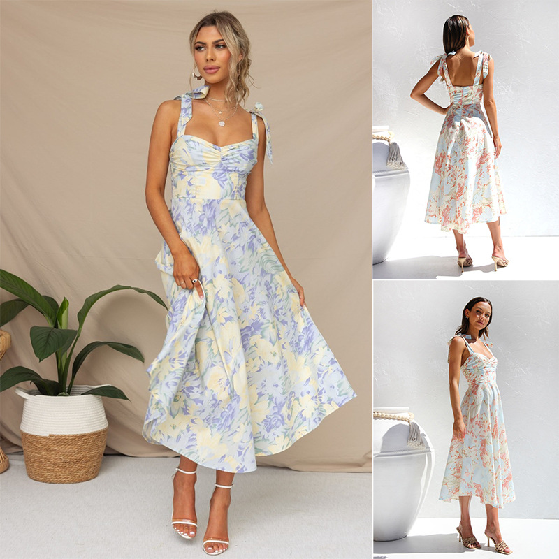 2025 Cross-border Amazon European and American new slimming, waist-cinching V-neck halter print mid-length dress for women