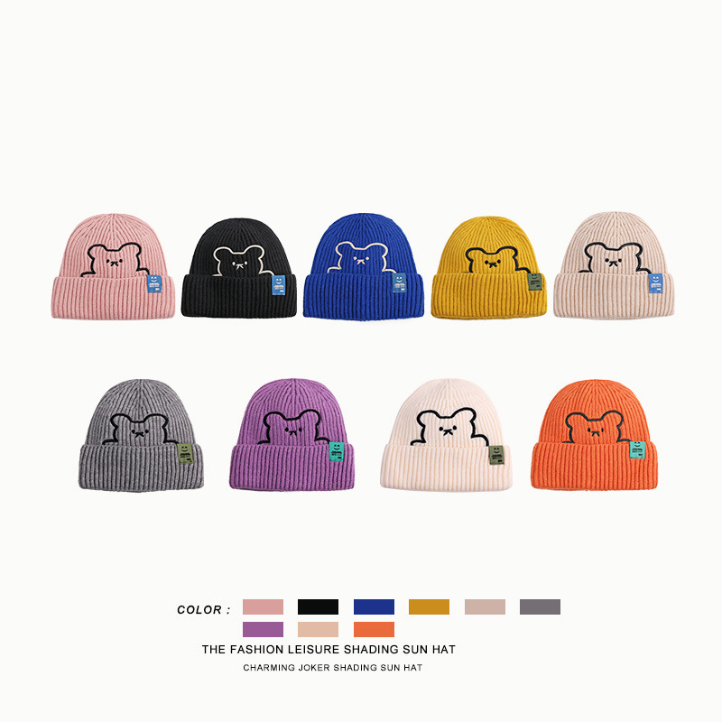 The new autumn and winter style of the hat girl's teddy bear embroidered knitted hat, Korean style versatile woolen hat, couple smiling face cloth label, cold hat man Specification image