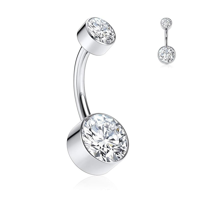 跨境直供不锈钢防过敏弯杆内牙双头包镶锆石脐钉脐饰脐环工厂批发