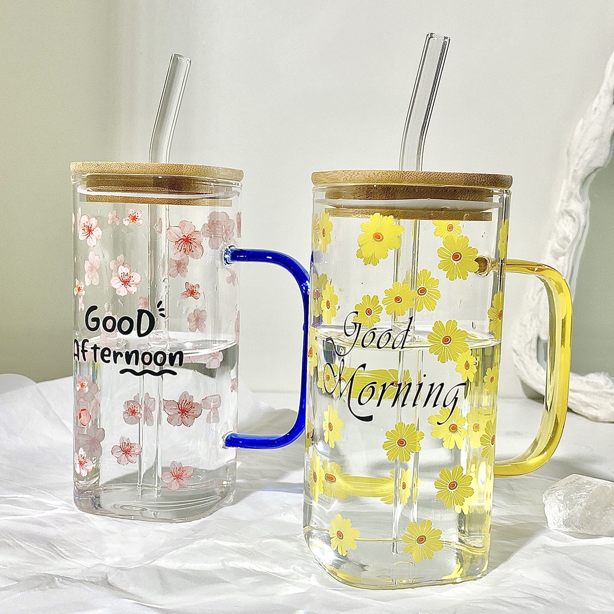 Glass cups, high borosilicate glass printed with LIDS, milk tea straw cups, various styles of household single-layer glass cups