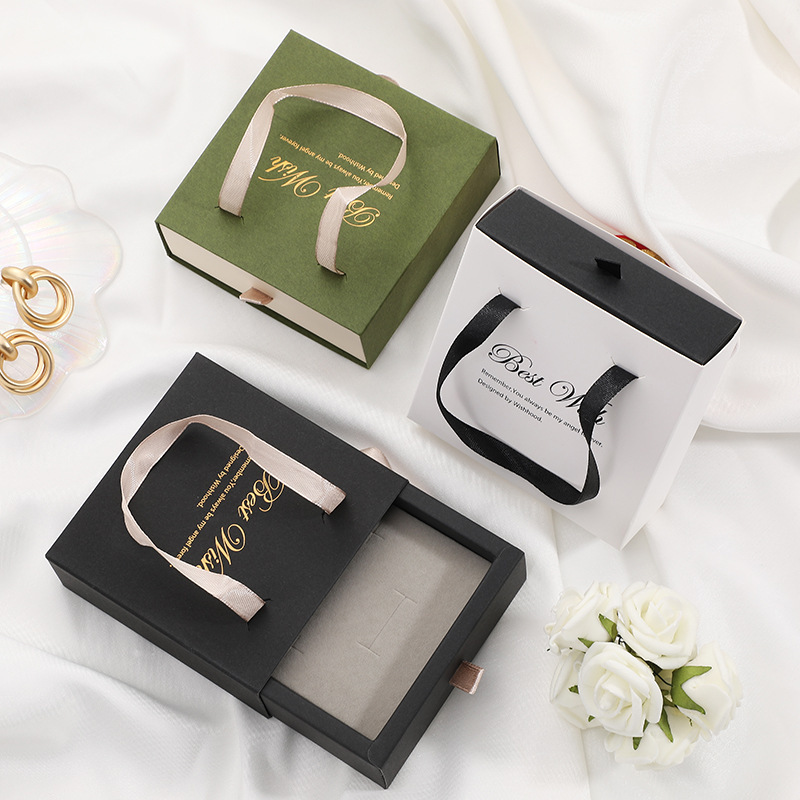 Pull-out jewelry storage box, accessories, earrings, gift packaging, drawer box, folding English ribbon hand-carry packaging Specification image