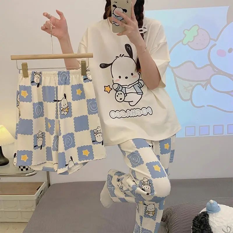 Pajama Woman Summer New Short Sleeve Cartoon Cute Pacha Dog Student Shorts Long Pants Home Wear Three Sets