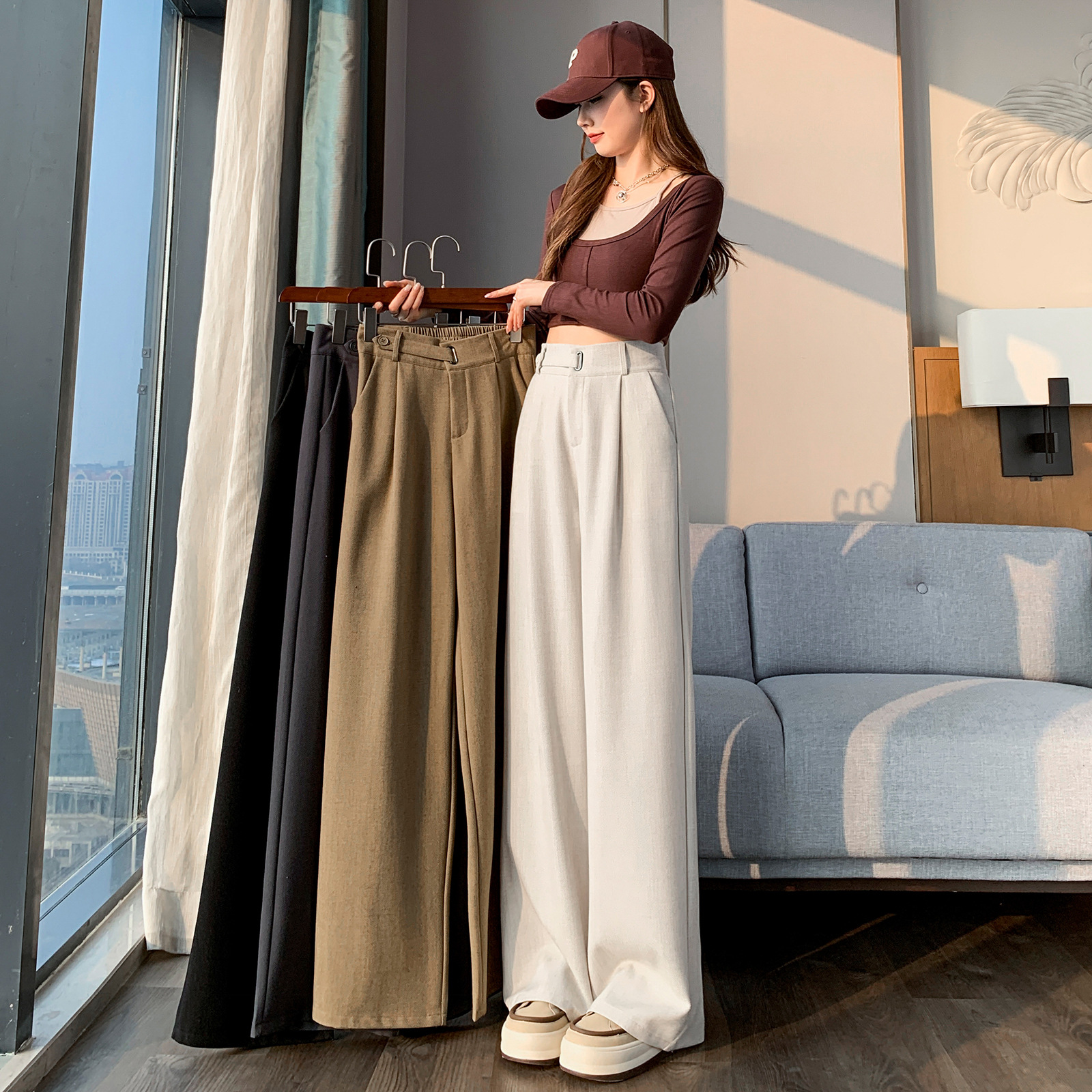 Coffee-colored high-end suit pants for women's autumn and winter 2024 new high-waisted narrow straight-leg wide-leg pants with a sense of drape details Picture
