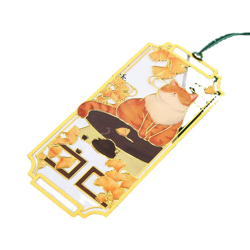 Chinese-style cat metal bookmark ruler, brass metal, classical Chinese style student gift, cultural and creative book holder with hollowed-out design Item Picture