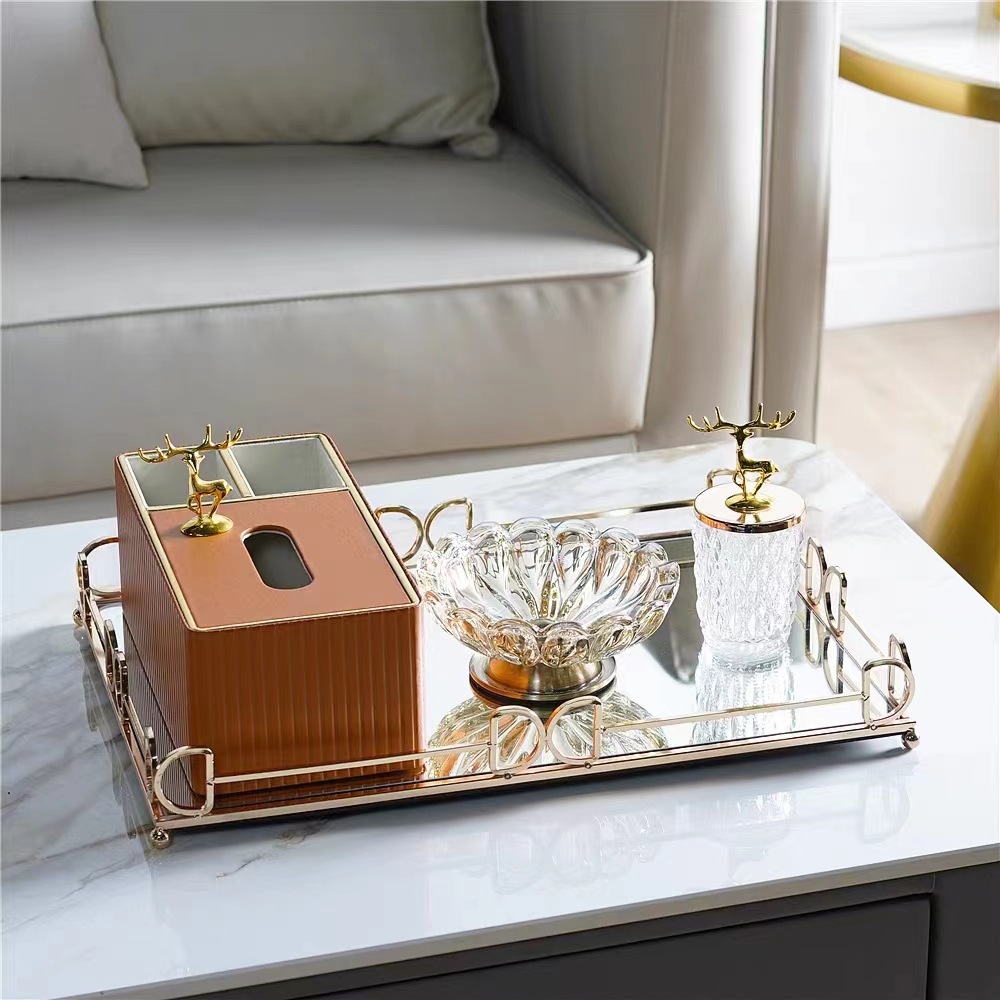 European Light Luxury Household Metal Mirror Tray Wedding Decoration Rectangular Round Cosmetic Decoration Storage Box details Picture