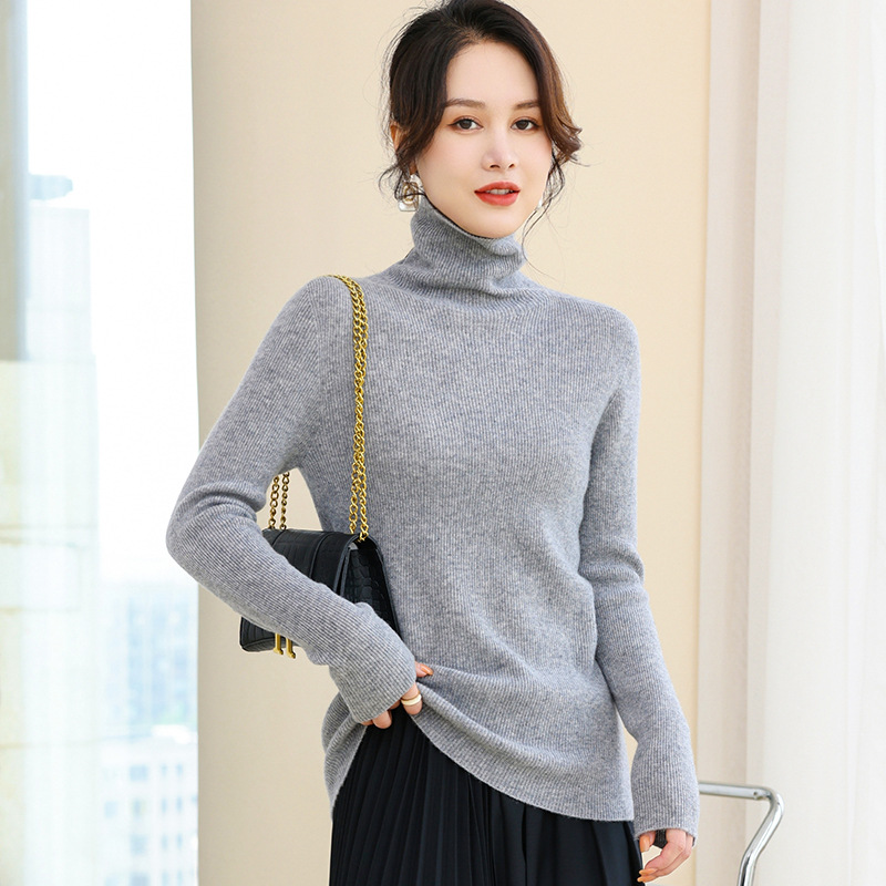 First Slim-Fit 100 Pure Wool Sweater Female 2022 Autumn And Winter New Pure Color Thin High Elastic Pure Wool Base Shirt details Picture